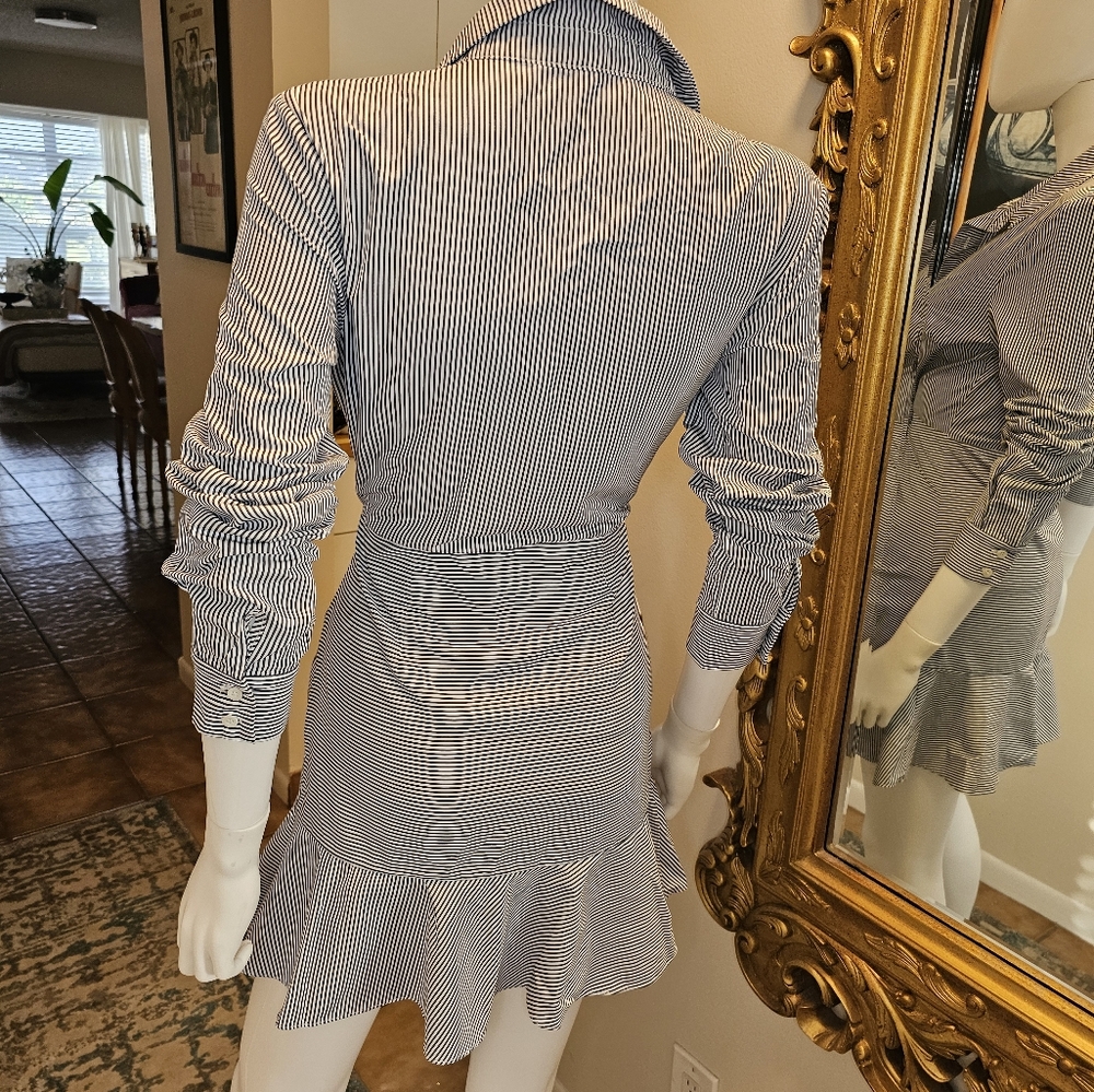 ENGLISH FACTORY (Pre-loved) Blue and White Striped Long Sleeve Mini Shirt Dress